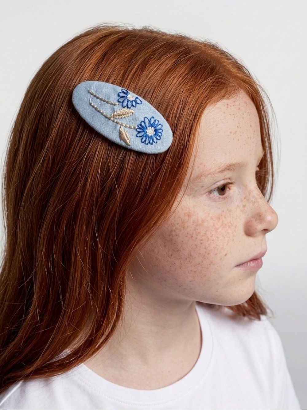 Handmade Blue Linen Embroidered Floral Hair Clip Barrette Snap Kids